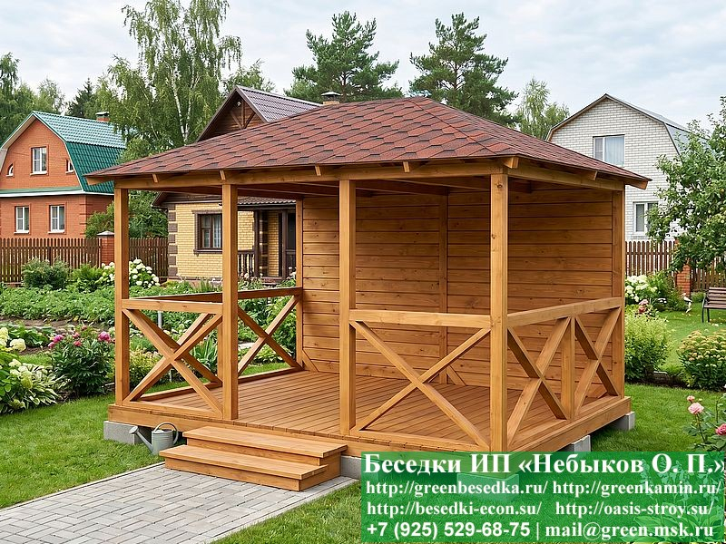 Деревяная Летняя Беседка Для Дачи С Крестами 3х4 - Фото № 1 Деревяная Летняя Беседка Для Дачи С Крестами 3х4 - Фото № 1